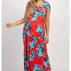 Coral Floral Draped Maternity Nursing Maxi Dress